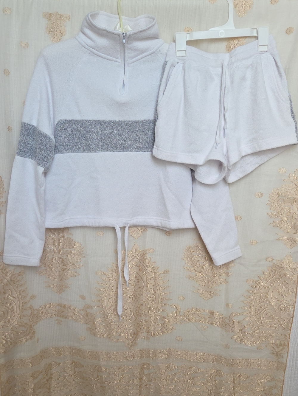 Cozy White Half-Zip Pullover and Shorts Set - Soft Terry Lounge Top & Shorts -S